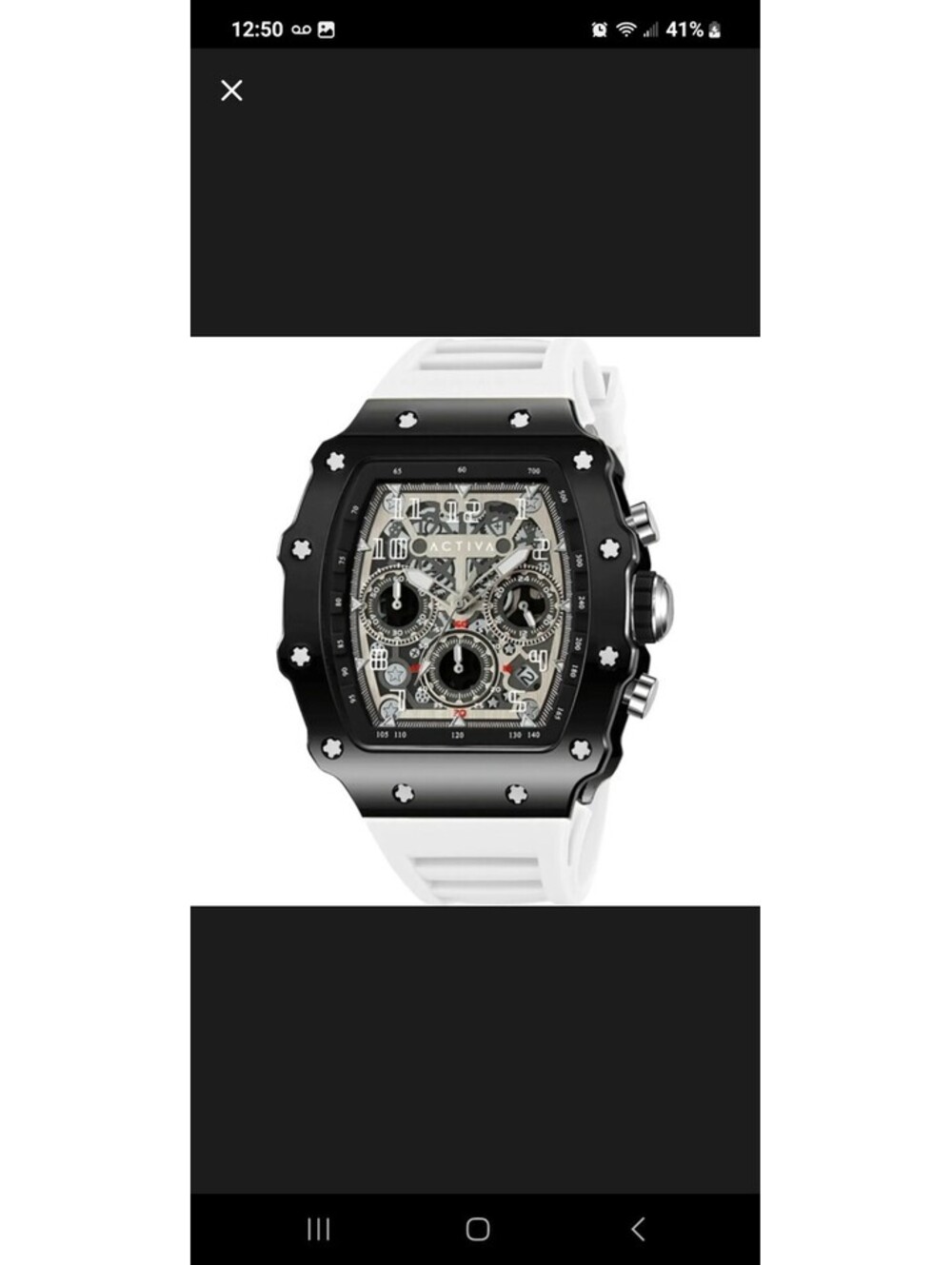 46 Activa FURY Tonneau Skeleton  Chronograph Black Case White Rubber Band Watch